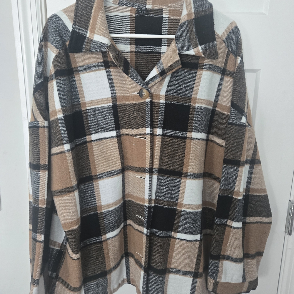 SHEIN Plaid Blazer in Black, White, and Tan